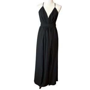 Black Eveningwear Minimalist Halter Maxi‎ Dress Med Crisscross High Slits Deep V